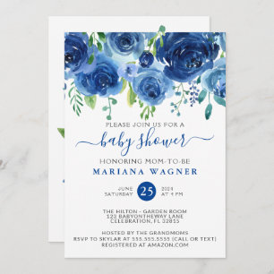 Modern Blue Waterverf Floral Boy Baby shower Kaart