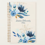 Modern Blue Waterverf Floral op maat Planner<br><div class="desc">Mooie en stijlvolle waterverf bloemen schilderen in blauw en goud,  gepersonaliseerd met jouw naam.</div>