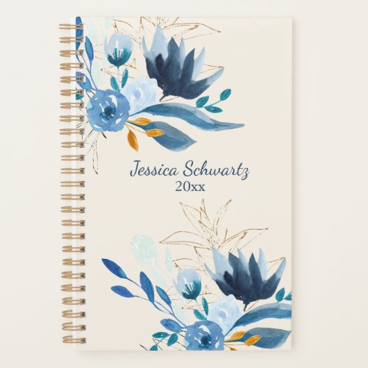 Modern Blue Waterverf Floral op maat Planner (Voorkant)