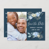 Modern Blue Waterverf Floral Sla de datum Foto Aankondigingskaart (Voorkant / Achterkant)