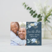 Modern Blue Waterverf Floral Sla de datum Foto Aankondigingskaart (Staand voorkant)