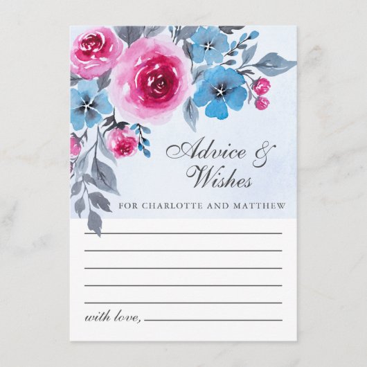 Modern Blue Waterverf Floral Wedding Advice Kaart (Voorkant)