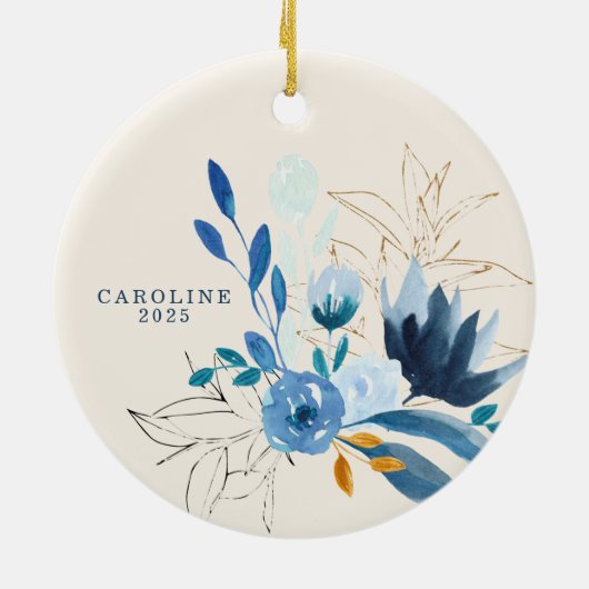Modern Blue Waterverf Flowers Personalized 2022 Keramisch Ornament (Achterkant)