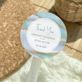 Modern Blue Waterverf Gold Glitter Wedding Favor Ronde Sticker