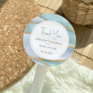 Modern Blue Waterverf Gold Glitter Wedding Favor Ronde Sticker