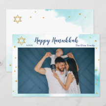 Modern Blue Waterverf Gold Happy Hanukkah Foto
