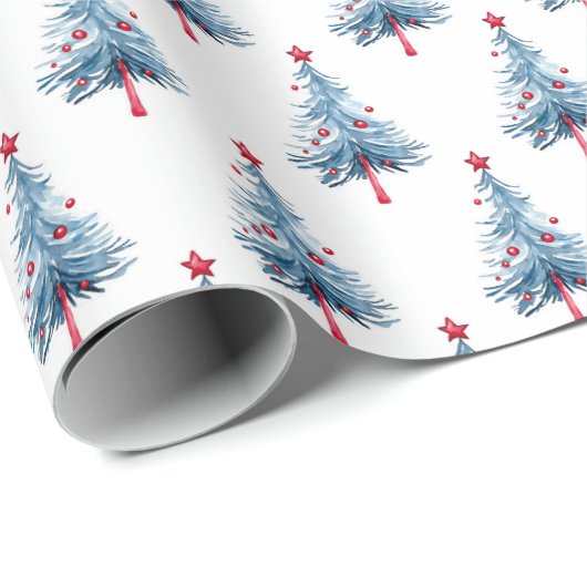 Modern Blue Waterverf kerstboompatroon Cadeaupapier (Rol Hoek)