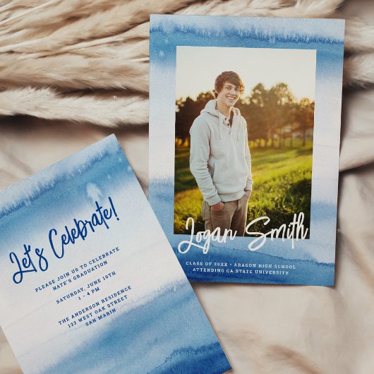Modern Blue Waterverf Script Afstuderen Foto Aankondiging