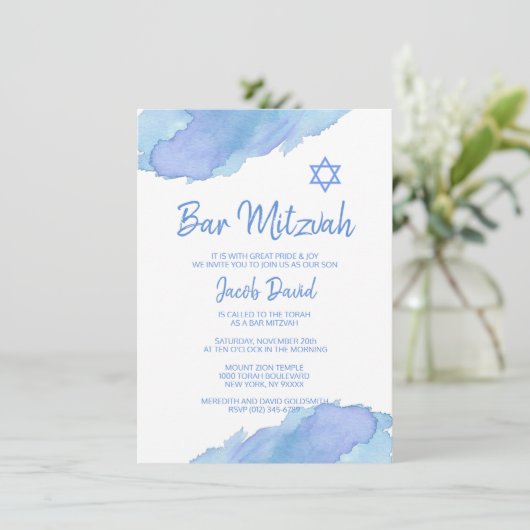Modern Blue Waterverf Star van David BAR MITZVAH Kaart (Staand voorkant)