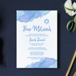 Modern Blue Waterverf Star van David BAR MITZVAH Kaart<br><div class="desc">Mooie religieuze joodse bat (of bar) Mitzvah-uitnodigingskaarten. Lichte waterverf blauw met ster van David. Moderne scriptletters. 'Wordt naar de TORAH geroepen als een Bar Mitzvah' prefect voor 13-jarige zoon,  jongen. Eenvoudig te bewerken - voeg alleen uw gegevens/tekst toe. Gelijke stickers en enveloppen!</div>