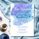 Modern Blue Waterverf Star van David BAR MITZVAH Kaart<br><div class="desc">Mooie religieuze joodse bat (of bar) Mitzvah-uitnodigingskaarten. Licht waterverf blauw en licht paars met ster van David in wit. Moderne scriptletters. 'Wordt naar de TORAH geroepen als een Bar Mitzvah'. Voorlopig voor 13-jarige zoon,  jongen. Eenvoudig te bewerken - voeg alleen uw gegevens/tekst toe.</div>