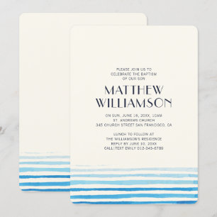 Modern Blue Waterverf Stripes Baptism Invitation Kaart