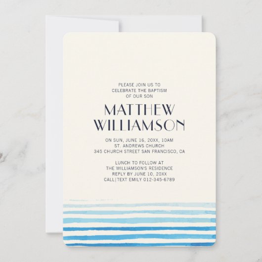 Modern Blue Waterverf Stripes doopuitnodiging Kaart (Voorkant)