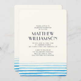 Modern Blue Waterverf Stripes doopuitnodiging Kaart