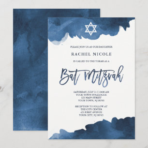 Modern Blue Waterverf   Uitnodiging Bat Mitzvah