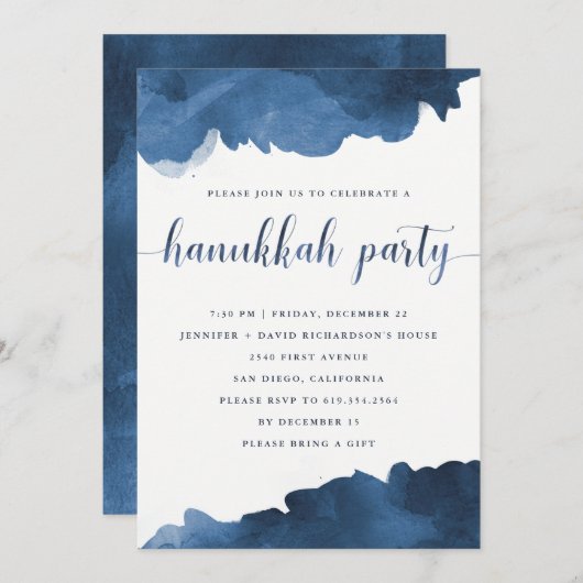 Modern Blue Waterverf | Uitnodiging van de partij (Voorkant / Achterkant)