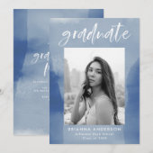 Modern Blue Waterverf Wash Photo Graduparty Kaart (Voorkant / Achterkant)