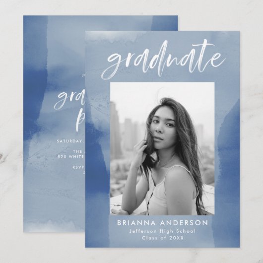 Modern Blue Waterverf Wash Photo Graduparty Kaart (Voorkant / Achterkant)
