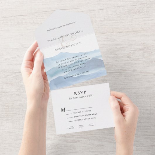 Modern Blue Waterverf Wedding All In One Uitnodiging (Afscheurbaar)