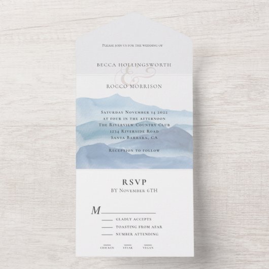 Modern Blue Waterverf Wedding All In One Uitnodiging (Binnen)
