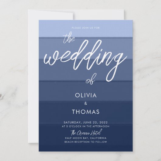Modern Blue Wave Stripes Calligraphy Beach Wedding Kaart (Voorkant)