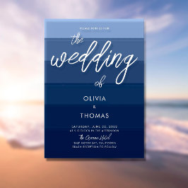Modern Blue Wave Stripes Calligraphy Beach Wedding Kaart