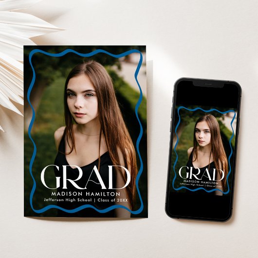 Modern Blue Wavy Lijst Afstudeerder 2 Foto Afstude Aankondiging