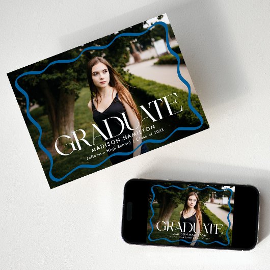 Modern Blue Wavy Lijst Afstuderen Foto Afstuderen Aankondiging