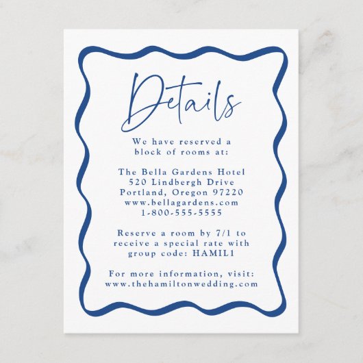 Modern Blue Wavy Lijst bruiloft details Informatiekaartje (Voorkant)