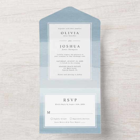Modern Blue Wedding All In One Uitnodiging (Binnen)