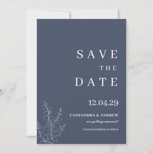 Modern Blue Wedding Botcanical Save the Date Kaart (Voorkant)