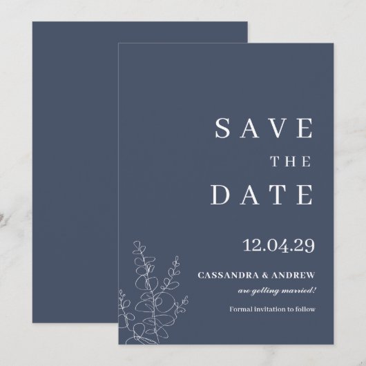 Modern Blue Wedding Botcanical Save the Date Kaart (Voorkant / Achterkant)