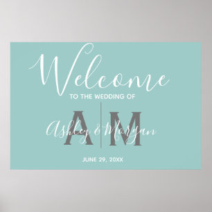 Modern Blue Wedding Couples Monogram Welkom Poster