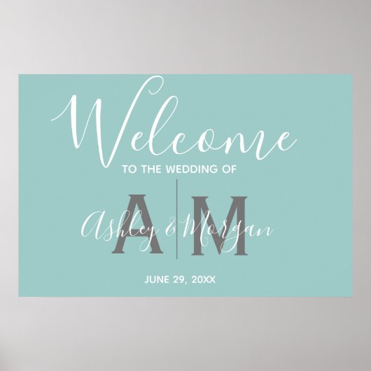 Modern Blue Wedding Couples Monogram Welkom Poster (Voorkant)