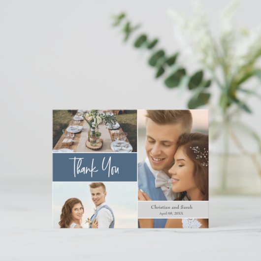 Modern Blue Wedding Photo collage Hartelijk dank Briefkaart (Staand voorkant)