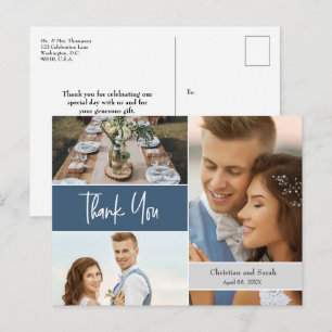 Modern Blue Wedding Photo collage Hartelijk dank Briefkaart