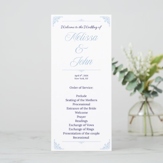 Modern Blue Wedding Program French Country Programmakaart (Staand voorkant)