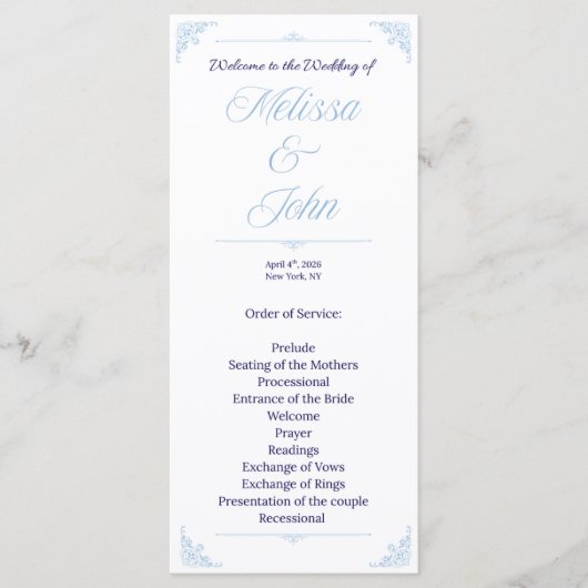 Modern Blue Wedding Program French Country Programmakaart (Voorkant)