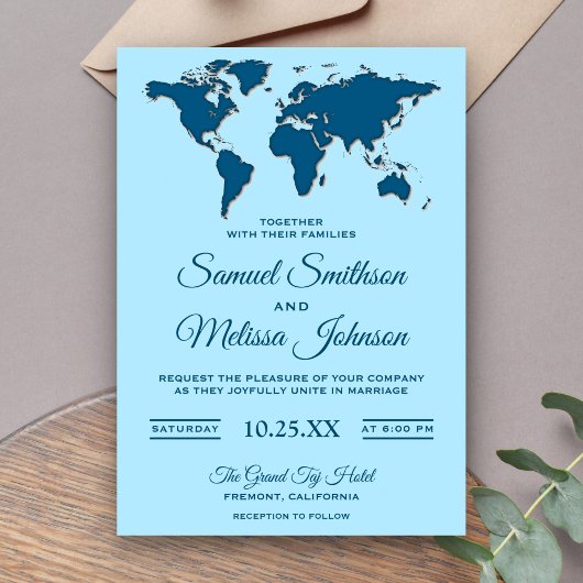 Modern Blue Wereldkaart Wedding Invitation Kaart