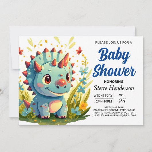 Modern Blue Whimsical Dinosaur Boy Baby shower Kaart (Voorkant)
