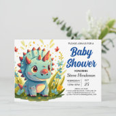 Modern Blue Whimsical Dinosaur Boy Baby shower Kaart (Staand voorkant)