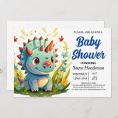 Modern Blue Whimsical Dinosaur Boy Baby shower Kaart (Voorkant / Achterkant)