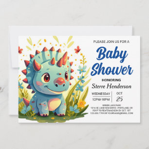 Modern Blue Whimsical Dinosaur Boy Baby shower Kaart