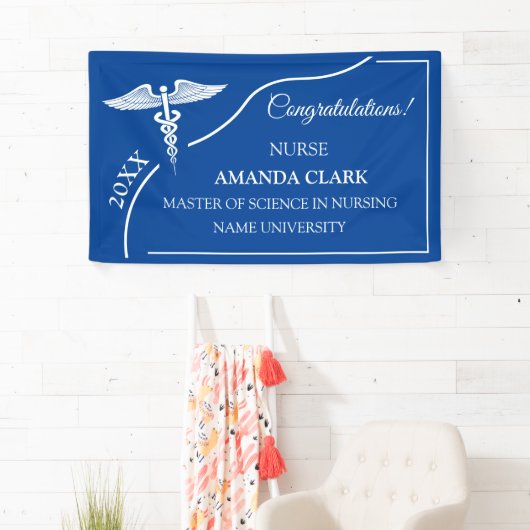 Modern Blue & White Caduceus Nurse Afstuderen Spandoek (Insitu)