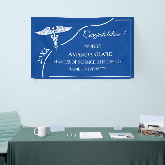 Modern Blue & White Caduceus Nurse Afstuderen Spandoek (Beurs)