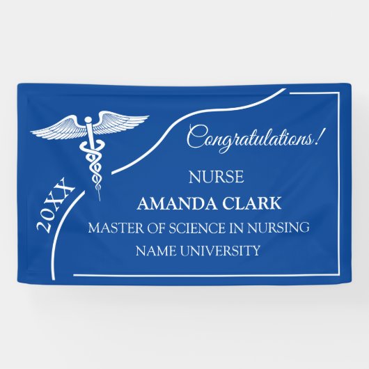 Modern Blue & White Caduceus Nurse Afstuderen Spandoek (Horizontaal)
