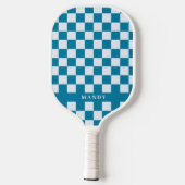 Modern Blue & White Checkerboard Custom Name Pickleball Paddle (Achterkant)