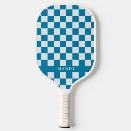 Modern Blue & White Checkerboard Custom Name Pickleball Paddle (Achterkant)