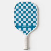 Modern Blue & White Checkerboard Custom Name Pickleball Paddle (Voorkant)