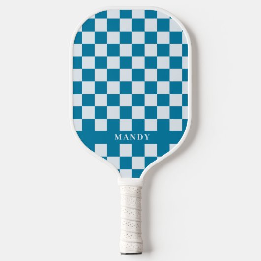 Modern Blue & White Checkerboard Custom Name  Pickleball Paddle (Voorkant)